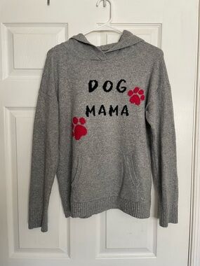 Lou & Grey Women’s Size Small Grey Hoodie with Red Paw Prints - DOG MAMA Knit